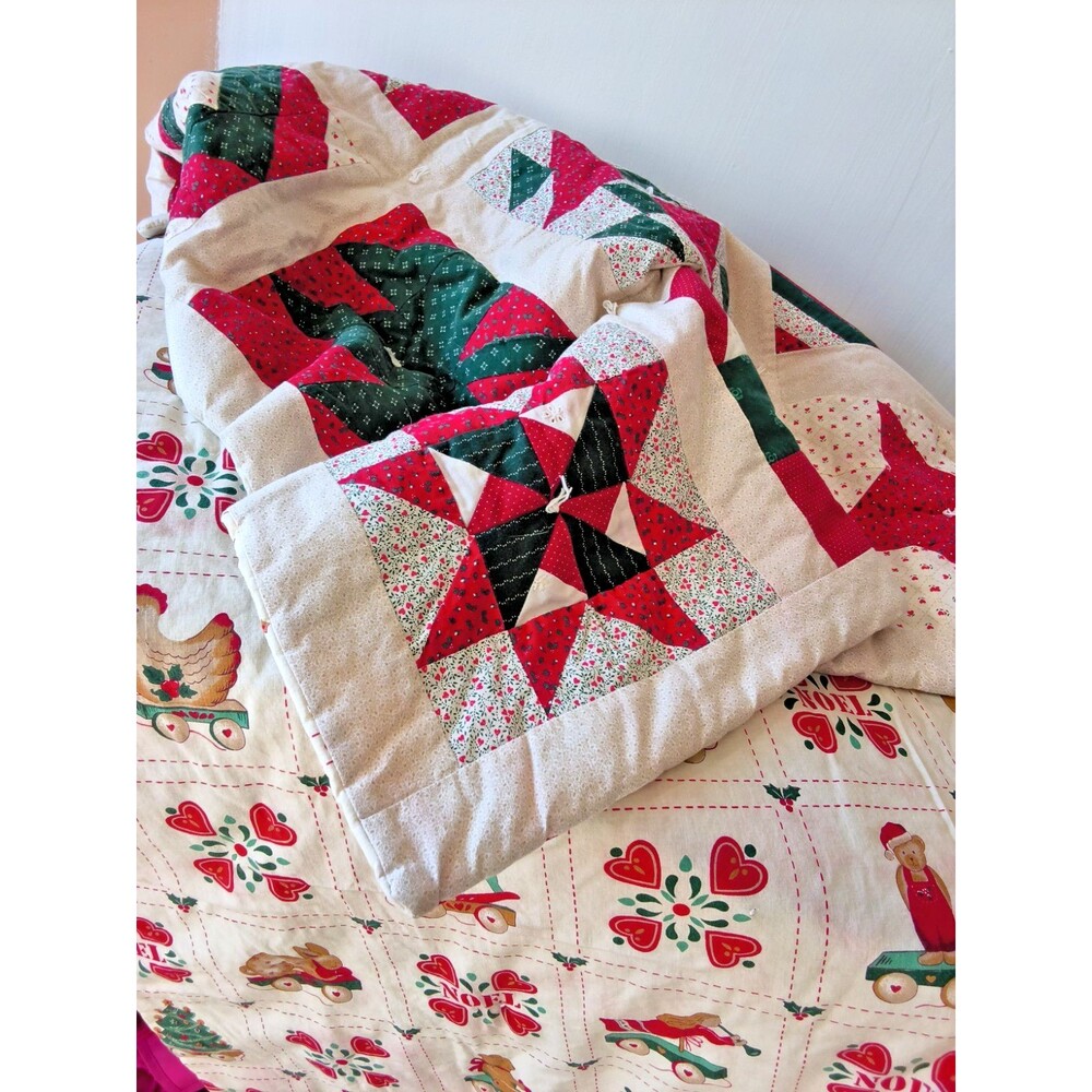 VTG Handmade Sampler Star Lap Crib Quilt Christmas Toys Bears Cotton Tied 58x42